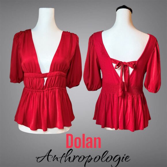 Anthropologie Dolan Cut-out Silky Red V Neck - Picture 2 of 12